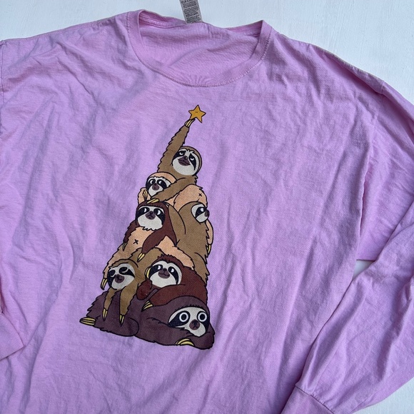 Christmas Tree Sloth Pink Long Sleeve Tee - Picture 2 of 5